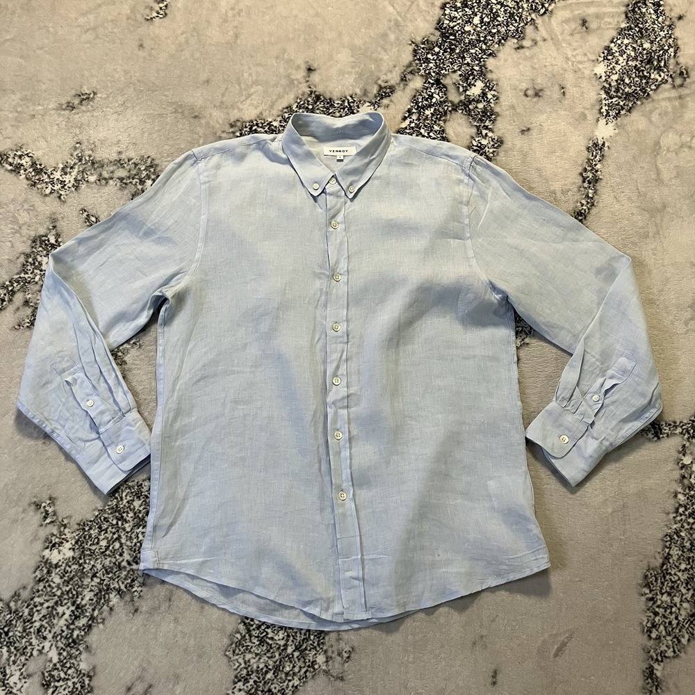 Venroy Shirt Mens Size Small Blue 100% Linen Long Sleeve‎ Button Up Casual